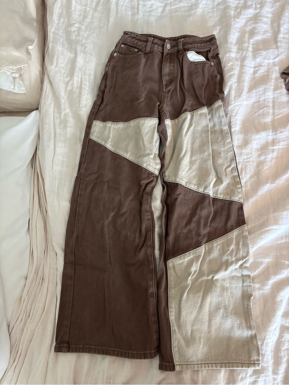 Cider Brown and Cream Patchwork Wide-Leg Jeans
